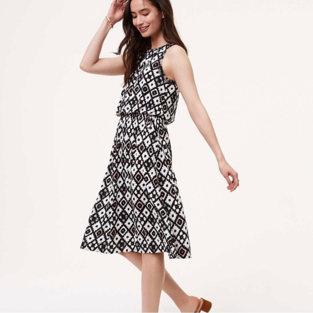 Loft Blouson Sleeveless Geometric Summerโ Dress Midi Drawstring Coastal Size XS